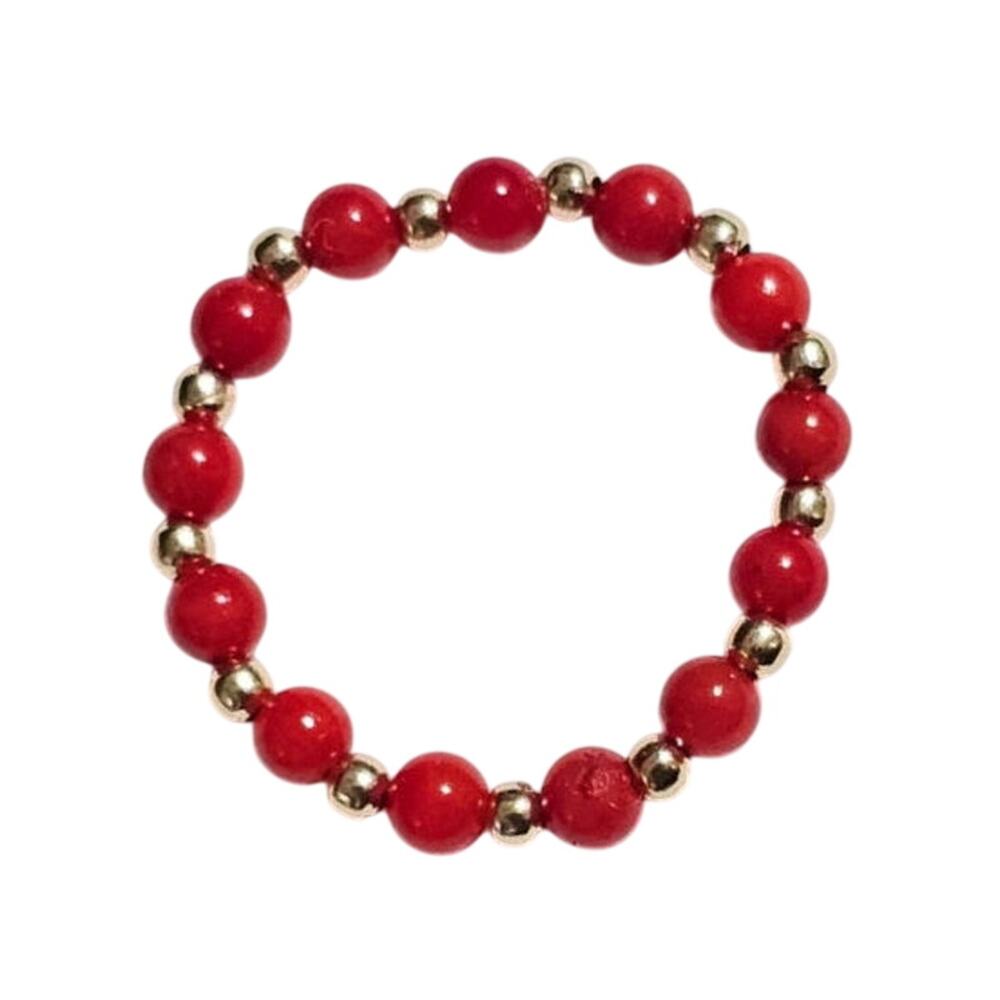 Genuine Red Coral 14k Yellow Gold Bead Stretch Eternity Ring
